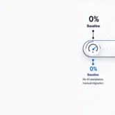 Infographic showing the 15-to-25 percent migration acceleration band as the practitioner-grade range, contrasted with the 50 percent timeline-halving claim shown struck through