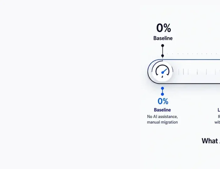 Infographic showing the 15-to-25 percent migration acceleration band as the practitioner-grade range, contrasted with the 50 percent timeline-halving claim shown struck through