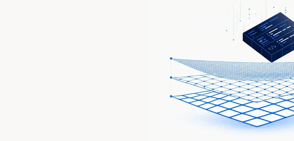 Three-layer geometric safety net beneath a falling code block, illustrating unit, contract, and characterisation tests built before framework migration