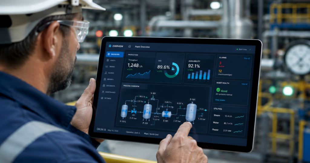 Plant operator using a modernised operations dashboard on a workstation in an industrial control room